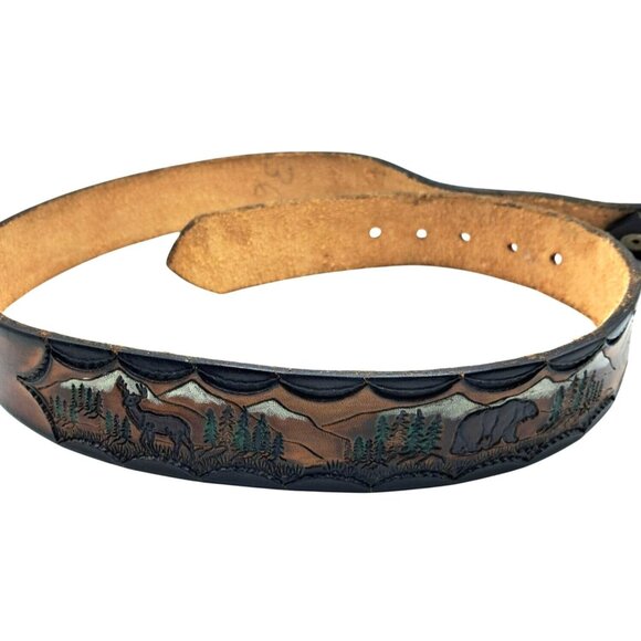 Vintage Tooled Brown Leather Belt With PNW Wildlife Design Including Eagle Ducks - Picture 5 of 13